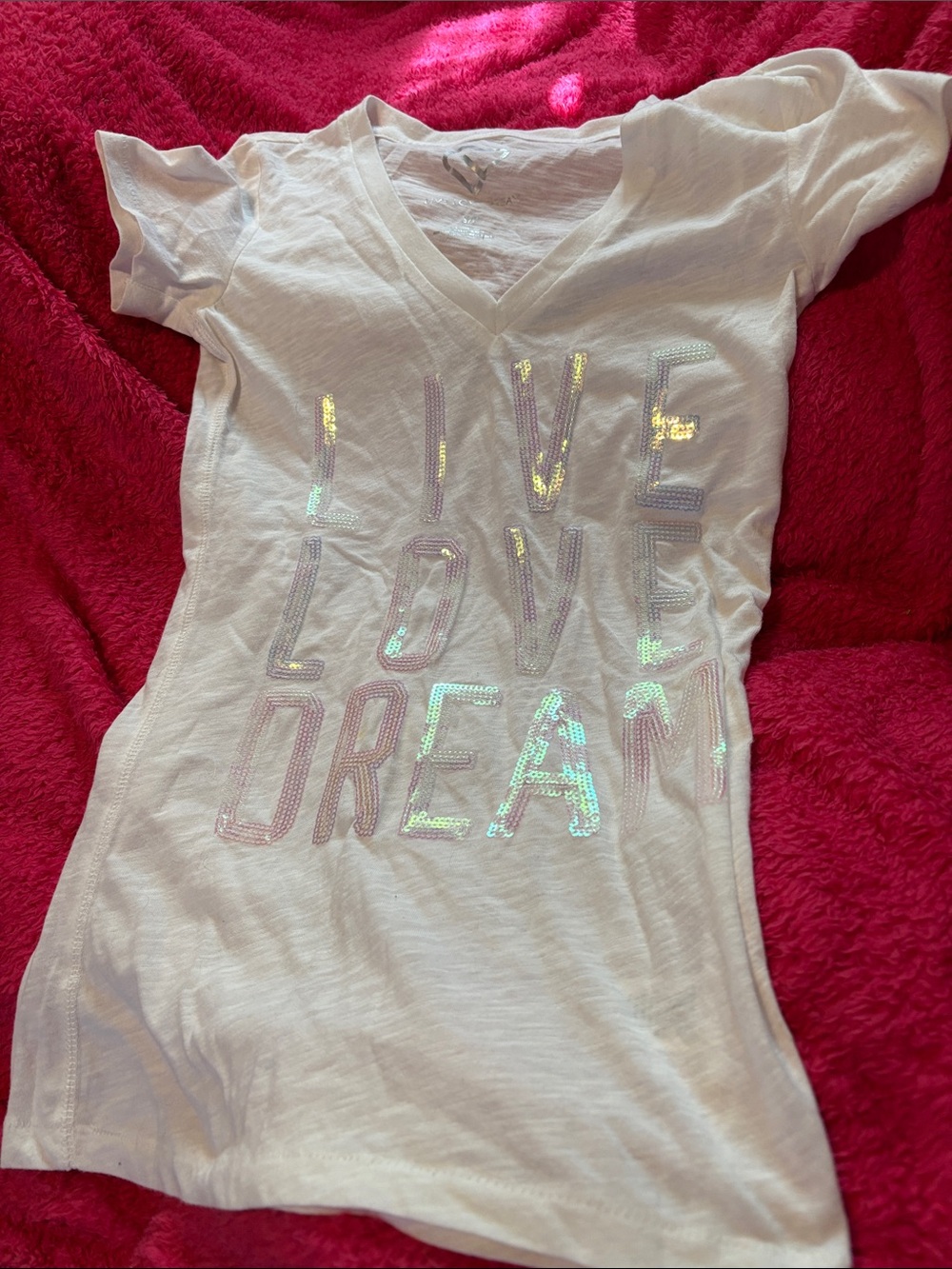 Aeropostale White Short Sleeve Tee with Iridescent 'Live Love Dream' Sequins